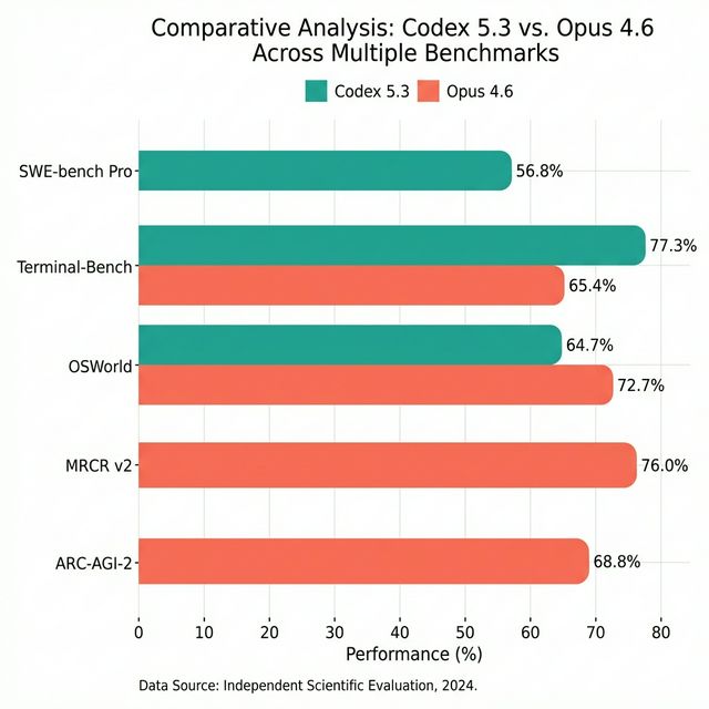 Benchmark comparison showing Codex 5.3 vs Opus 4.6 performance across multiple metrics