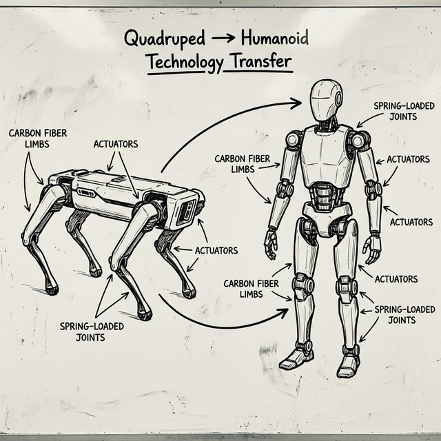 Technical diagram showing quadruped to humanoid technology transfer
