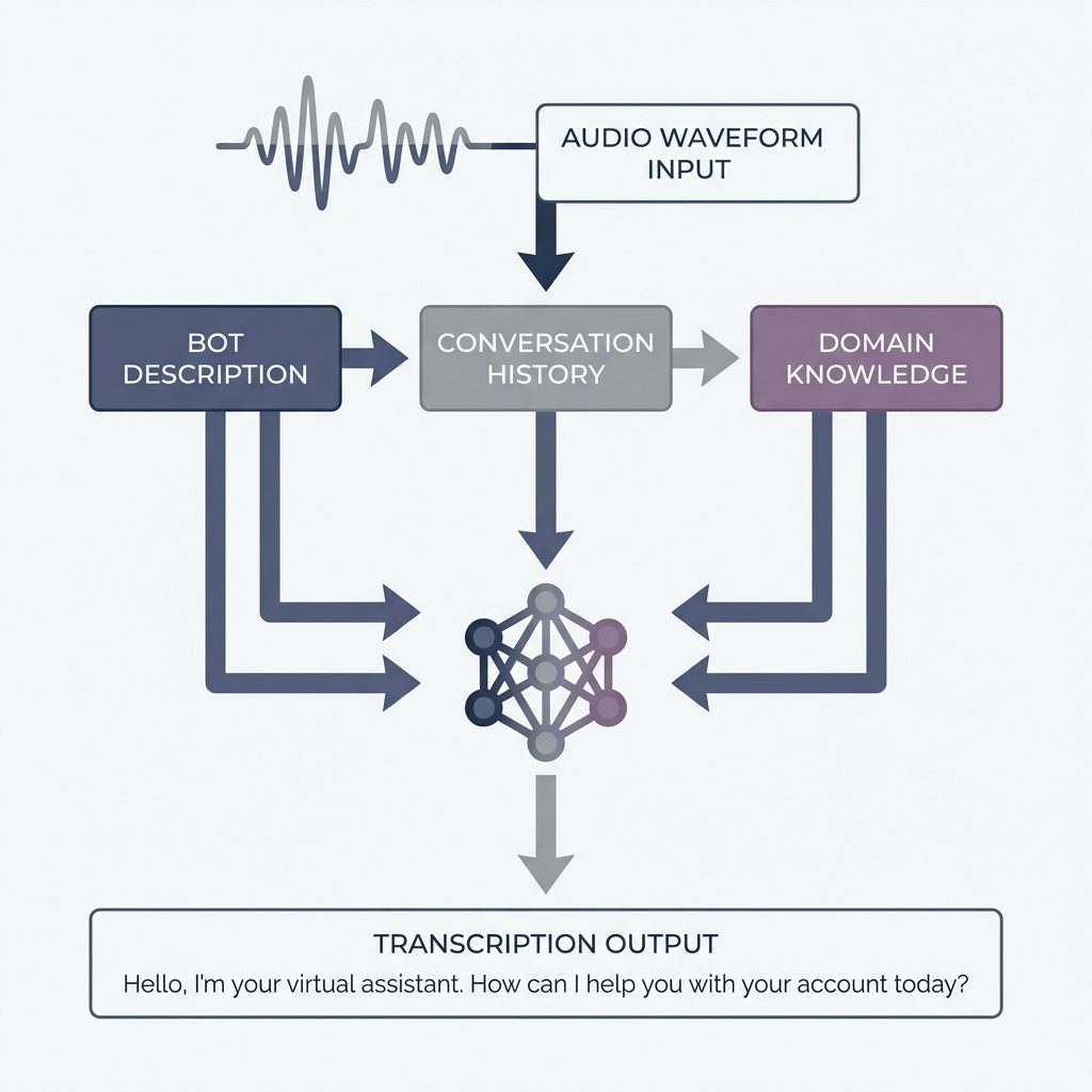 Contextual speech recognition architecture: Bot Description, Conversation History, and Domain Knowledge feed into neural network for accurate transcription