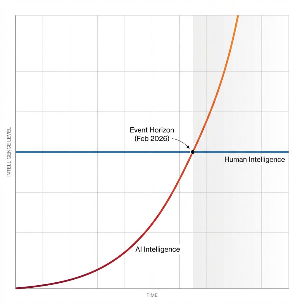 Event Horizon visualization showing AI intelligence crossing human intelligence in Feb 2026