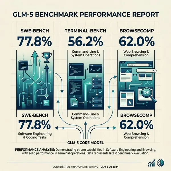 GLM-5 benchmark performance on SWE-bench, Terminal-bench, and BrowseComp
