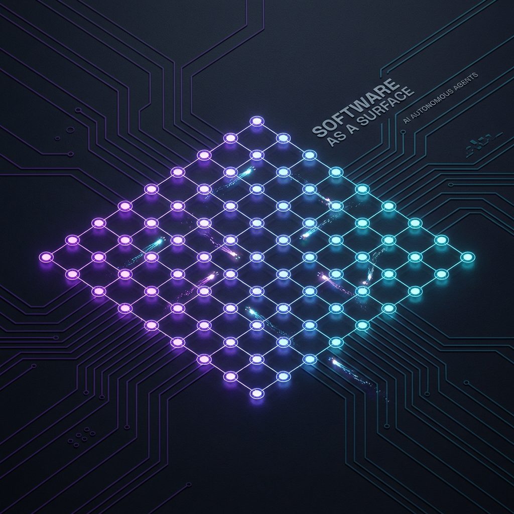 Figure 2: Abstract digital diagram of 'Software as a Surface' showing a glowing grid of data nodes being accessed by autonomous AI agents.