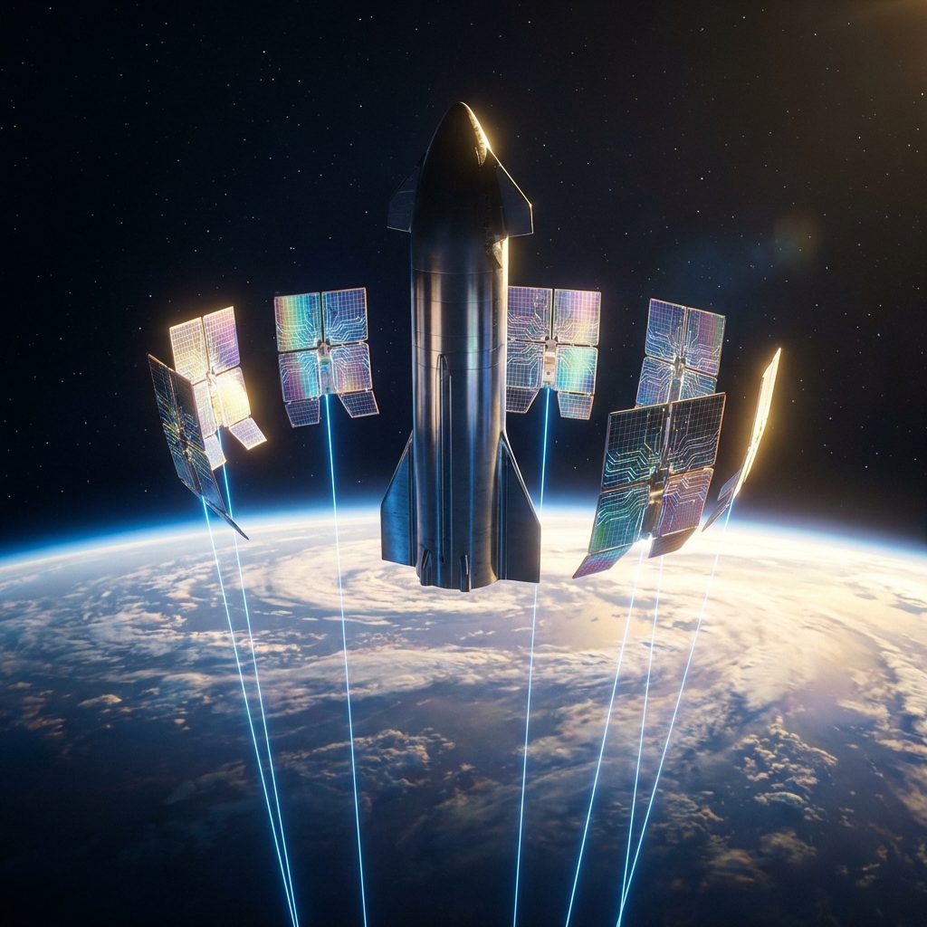 Figure 2: Abstract visualization of a Starship rocket in orbit deploying solar-powered data centers.