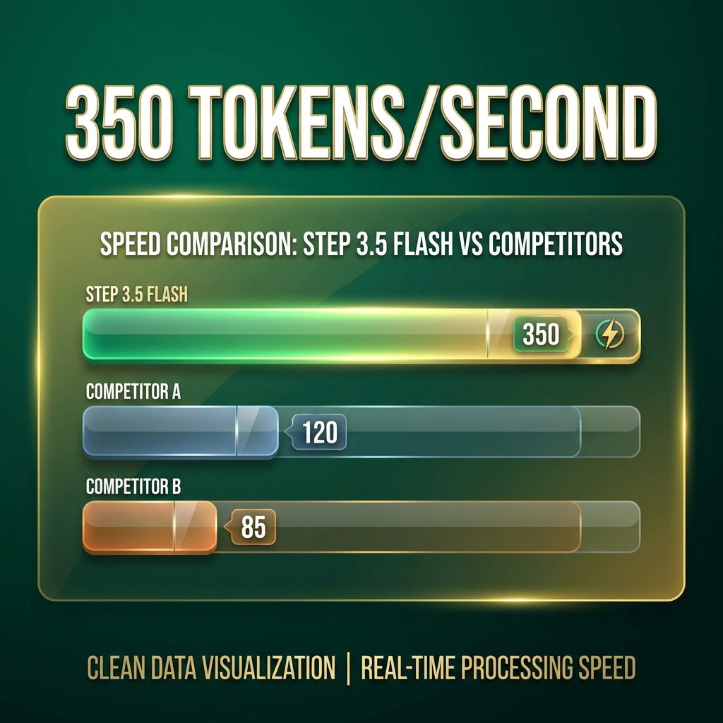 Speed benchmark chart showing Step 3.5 Flash at 350 tokens/second vs competitors