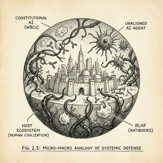 A pencil-drawn microscopic diagram comparing unaligned rogue AI agents to pathogens, and Constitutional AI to immune system antibodies.