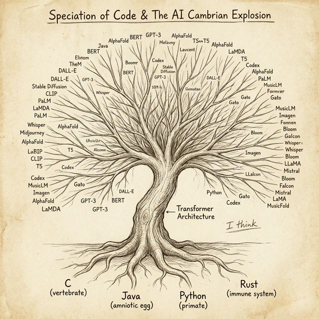 A pencil-drawn phylogenetic tree showing the speciation of programming languages and the Transformer architectures.