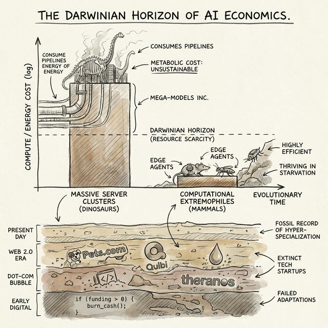 A pencil-drawn sketch contrasting massive server cluster dinosaurs against extremophile agents, over a fossil record of extinct startups.