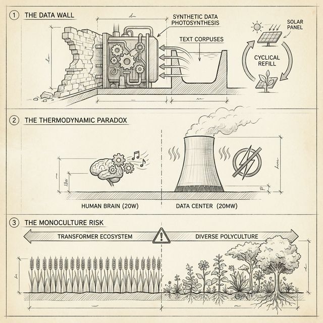 A biological blueprint diagram showing the Data Wall, Thermodynamic Paradox, and Monoculture risk.
