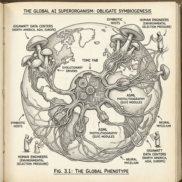 A pencil-drawn diagram showing the global AI supply chain as a biological superorganism with TSMC, ASML, and data centers.