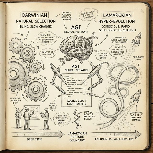 A dynamic sketchbook drawing showing an AI rewriting its own code, bypassing Darwinian selection for Lamarckian hyper-evolution.