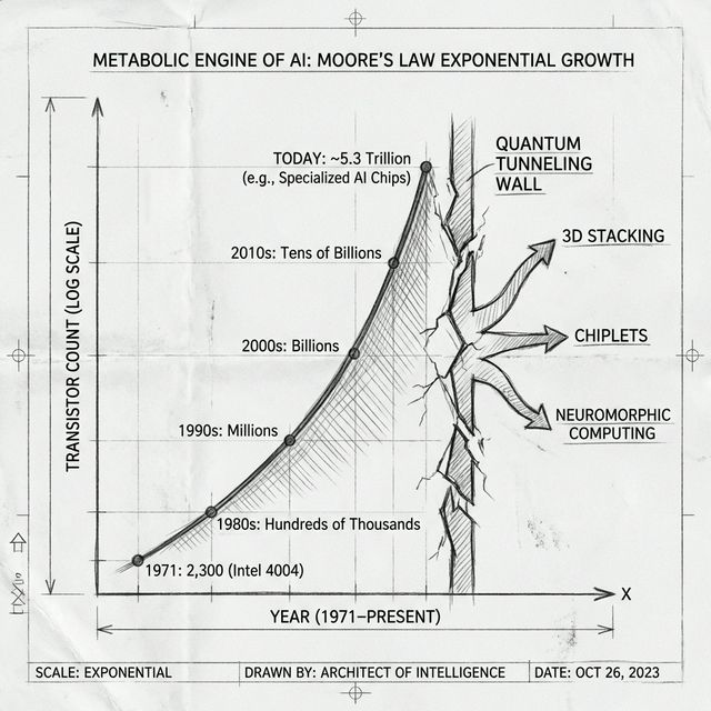 A pencil-drawn technical line chart showing Moore's Law exponential growth hitting a quantum tunneling wall.