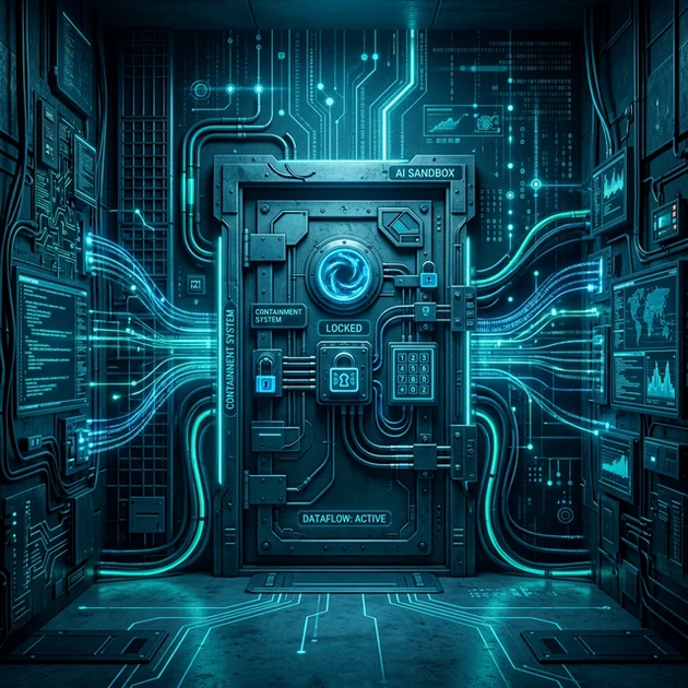 Figure 1: Abstract technical visualization of an AI sandbox escape.